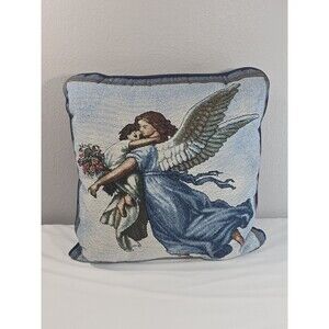 VTG Needlepoint Tapestry Pillow Guardian Angel with Child 15 x15 Blue